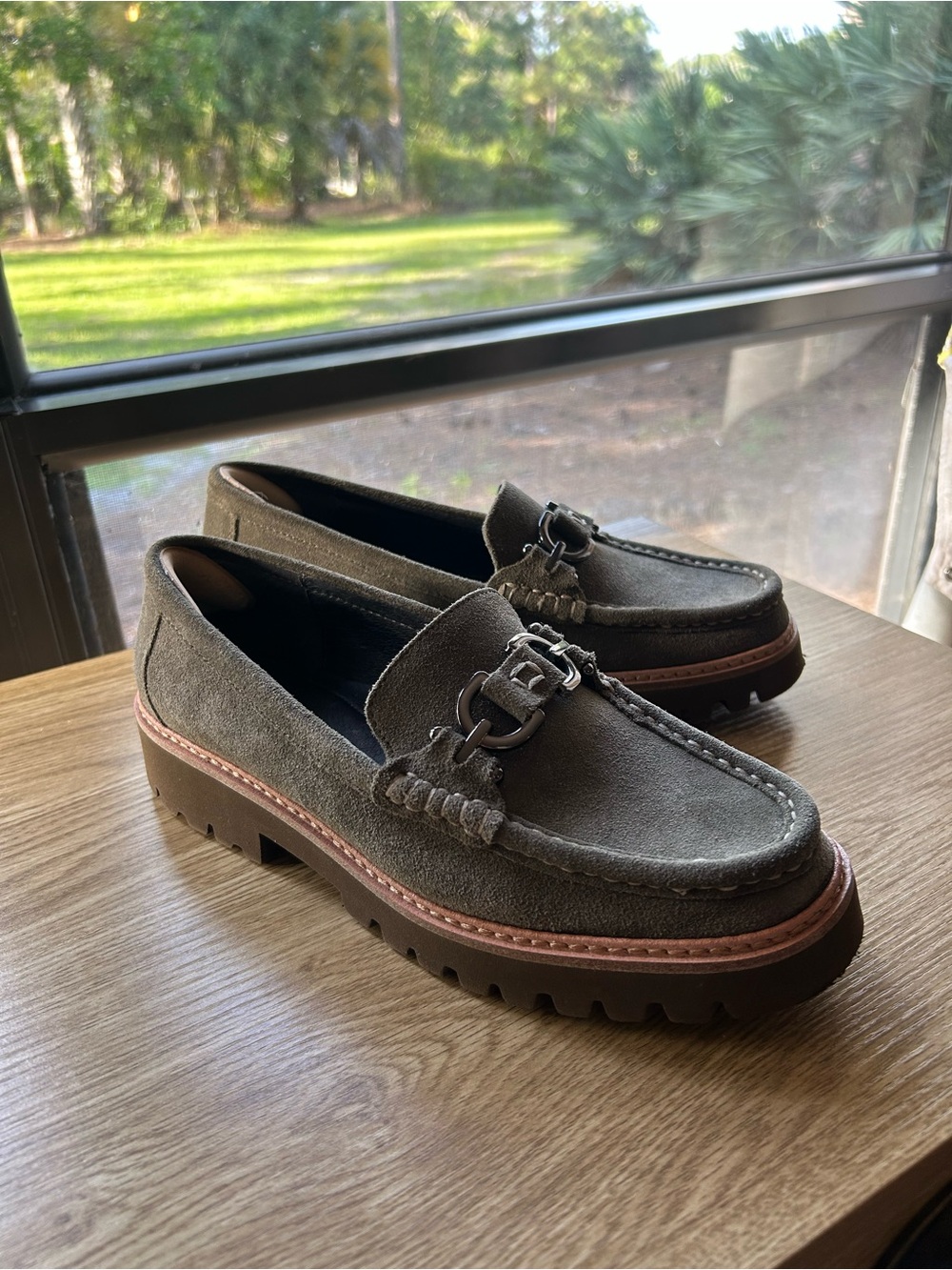 Donald J. Pliner Helio Olive Suede Lug-Sole Loafers with Metal Bit